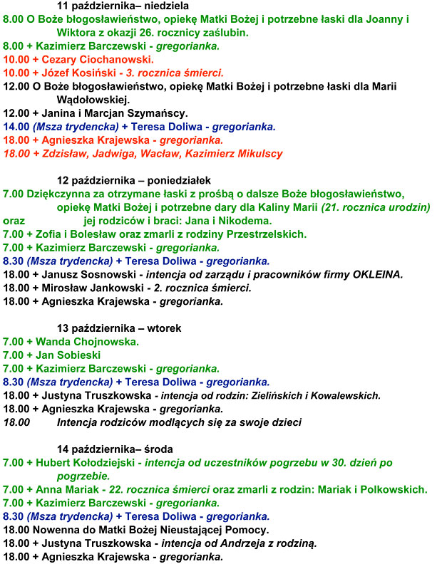 Parafia p.w. Bo�ego Cia�a w �om�y, intencje Mszy �w.