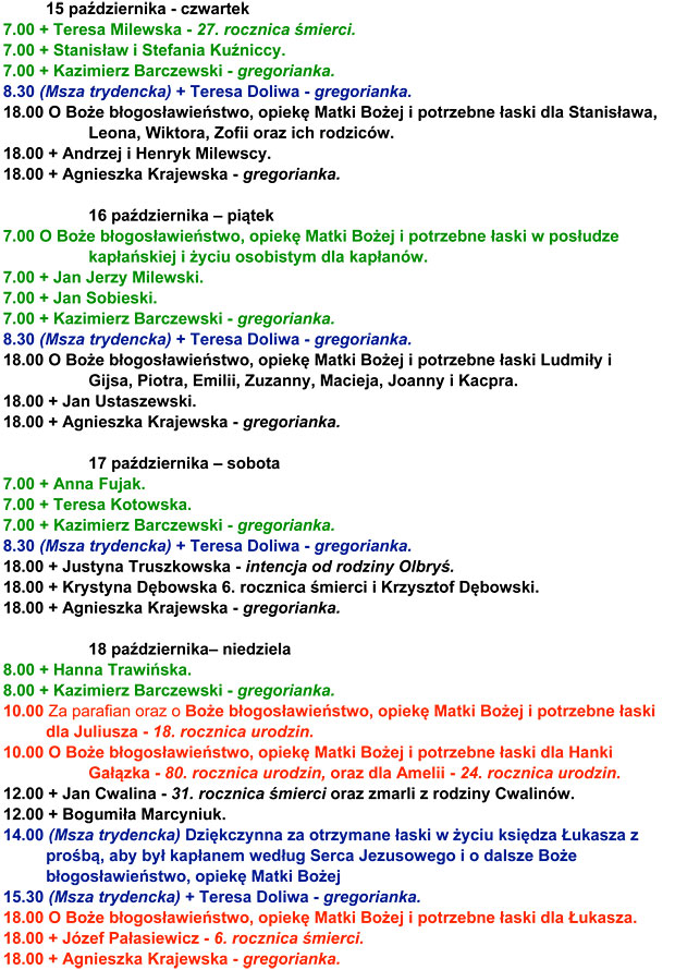 Parafia p.w. Bo�ego Cia�a w �om�y, intencje Mszy �w.